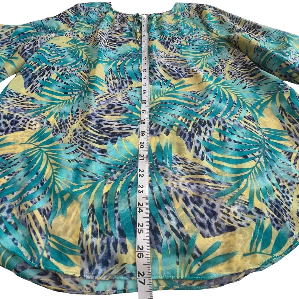 Chico’s Blouse Tropical Leopard Semi Sheer Ruffle Sleeve Green Blue 12 Large L - Picture 10 of 11